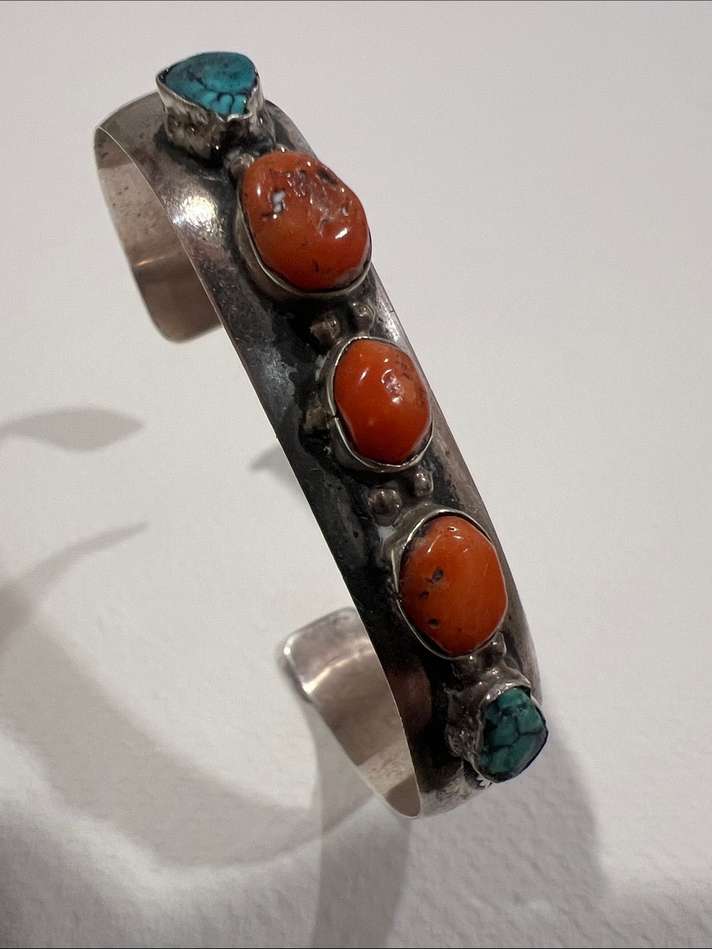 Native American Sterling Silver Orange Coral and Turquoise Cuff Bracelet - Picture 7 of 9